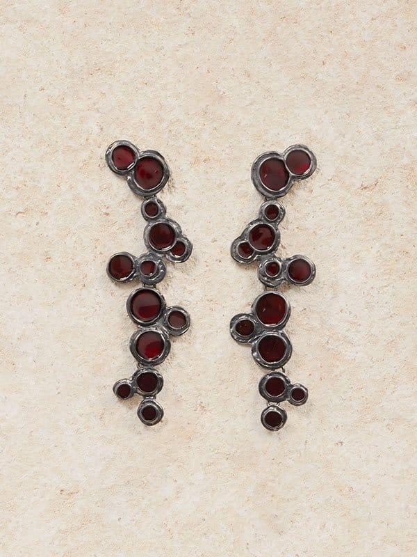 Bubble Earrings in Oxidized Silver with Cherry Enamel