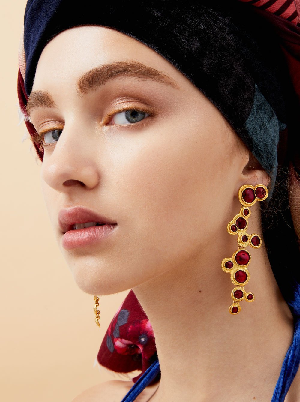 Bubble Earrings in Plated Gold with Cherry Enamel
